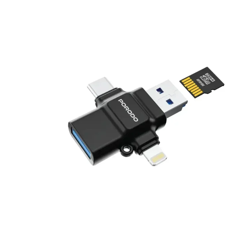 Porodo 4-in-1 OTG Adapter, TF Card Reader Black