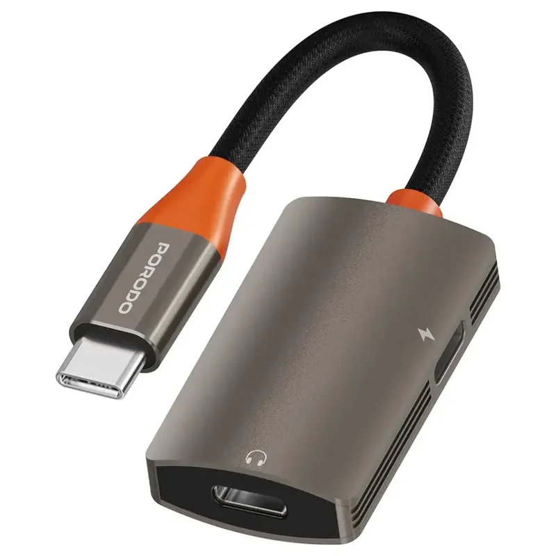 Porodo AudioLink Duo USB-C Interface Audio and Charge Splitter Black & Orange