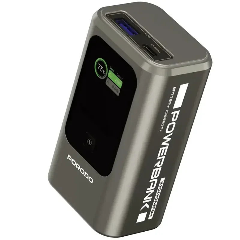 Porodo 10000mAh Mini Power Bank with Real-Time Display Grey