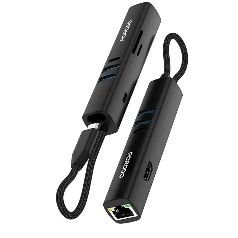 Porodo 8-In-1 Multi-Port USB Hub With 5 Gbps Transfer Speed Black