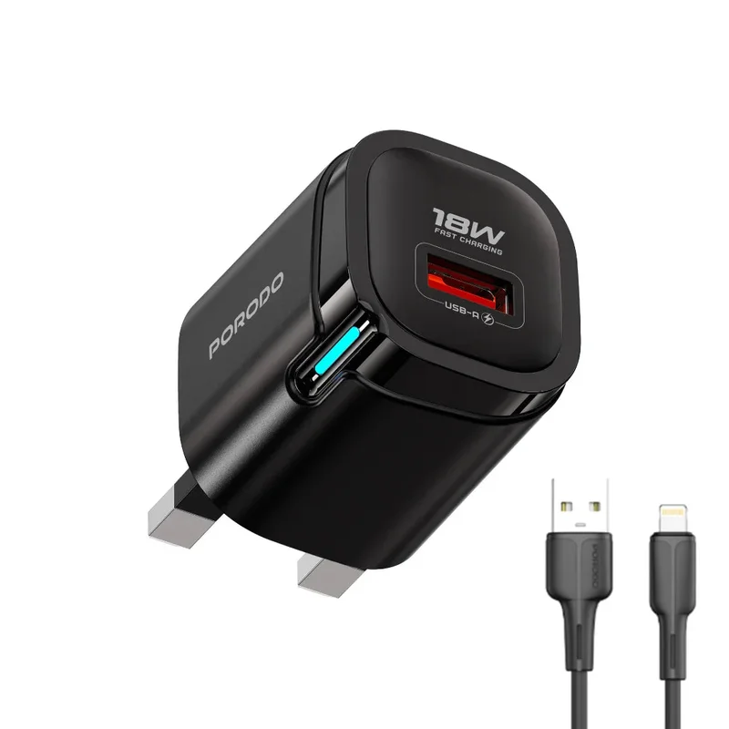 Porodo Tekto USB-A Wall Adapter With USB-A to Lightning Cable Black