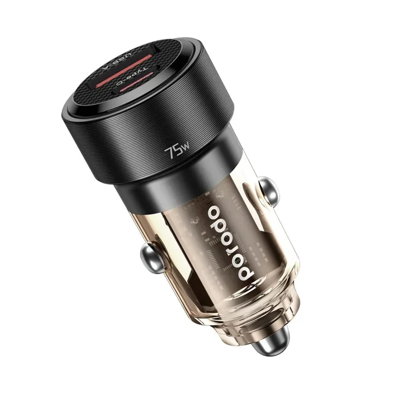 Porodo 75W Dual Port Transparent Aluminum Car Charger Black