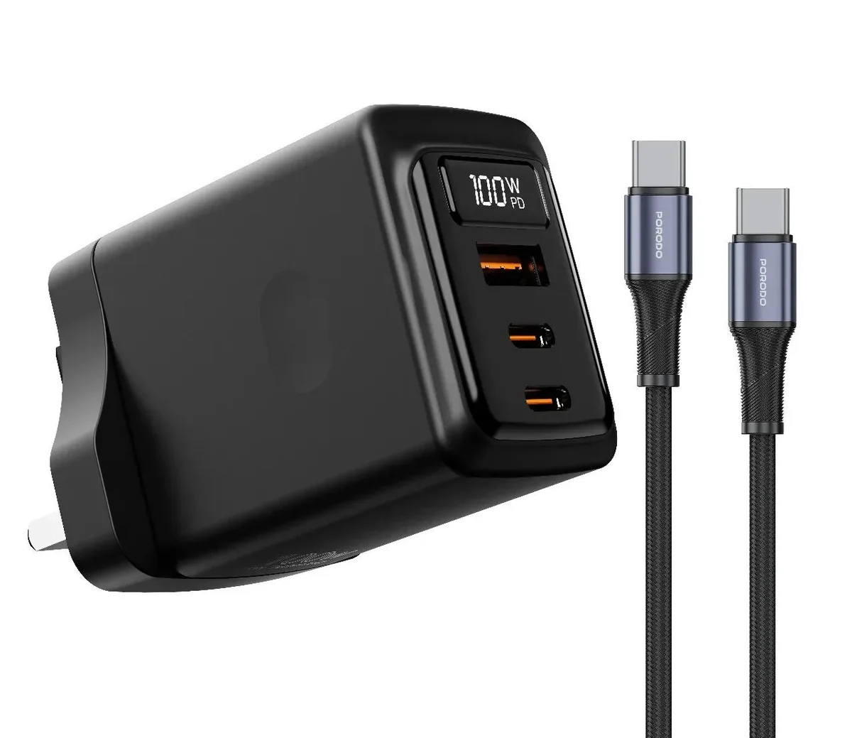Porodo GaN 100W Multi-Port Wall Charger with USB-C to USB-C Cable Black
