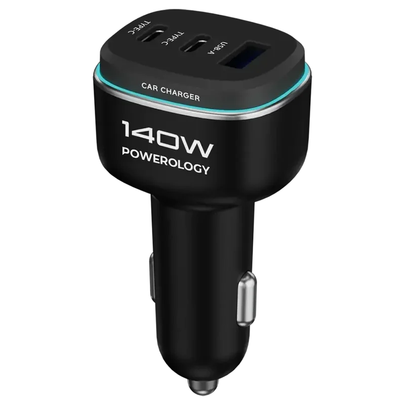 Powerology 140W Triple-Port High-Power Car Charger with Type-C Cable