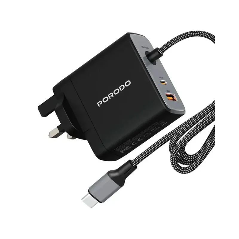 Porodo ZENTRIX 100W GaN Fast Charger with 1.5m Braided USB-C Cable Black