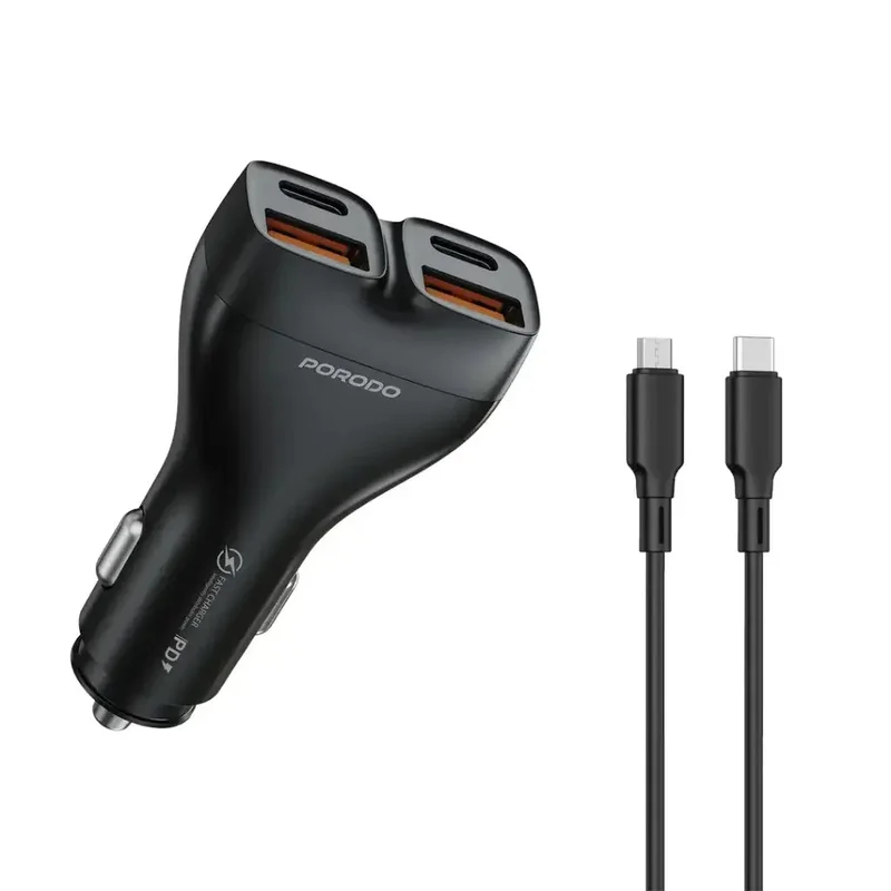 Porodo Dualpower 102W Car Charger With USB-C To USB-C Cable Black