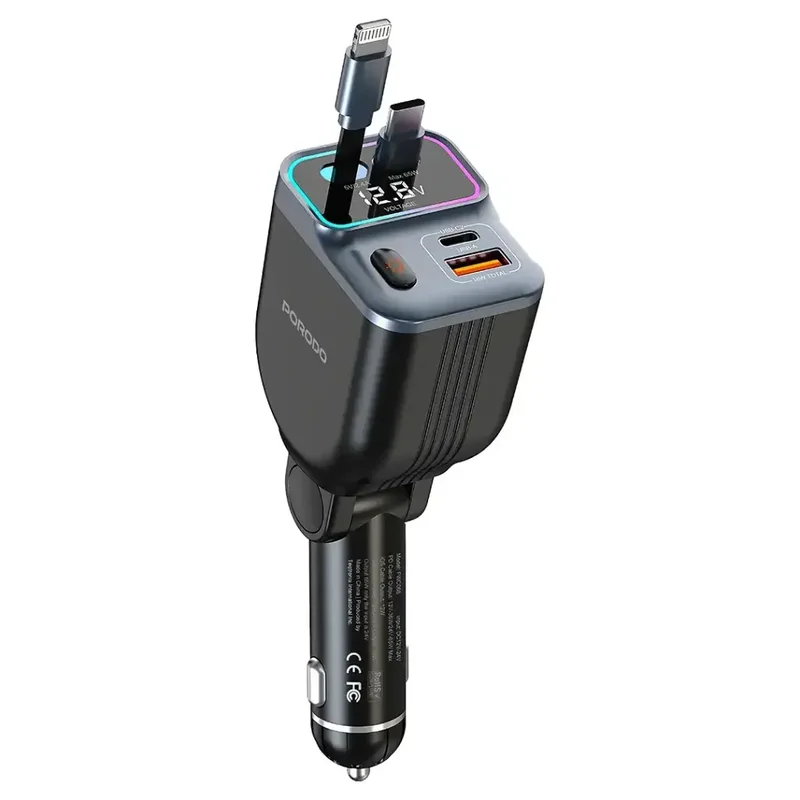 Porodo 65W Car Charger Dual Retractable Cable Black