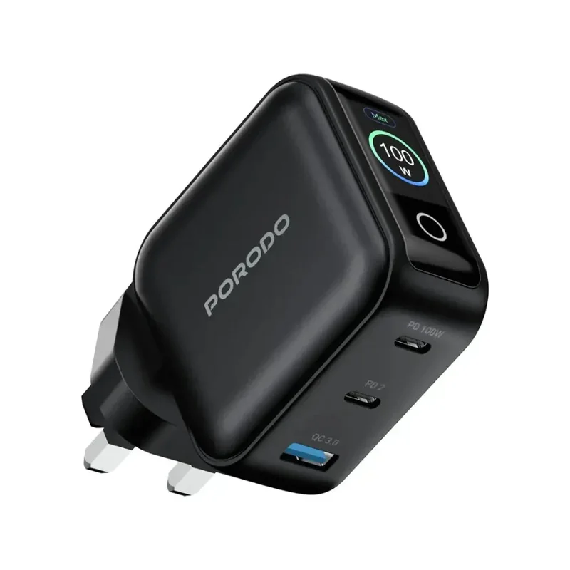 Porodo Nexora 100W 3-Port Wall Charger with LCD Display Black