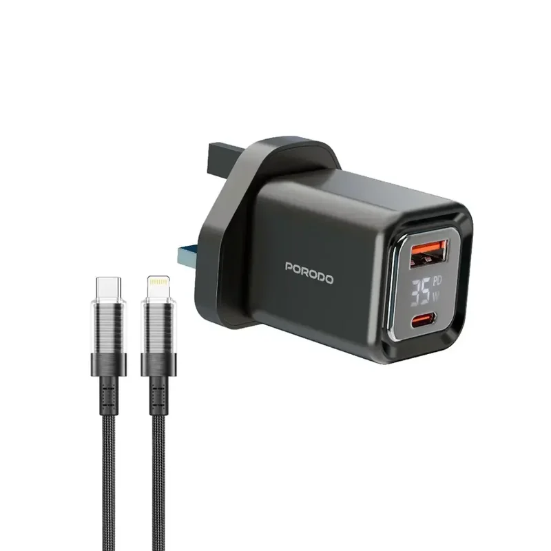 Porodo Dual-Port | Digital Display Quick Charger with USB-C To Lightning Cable Black