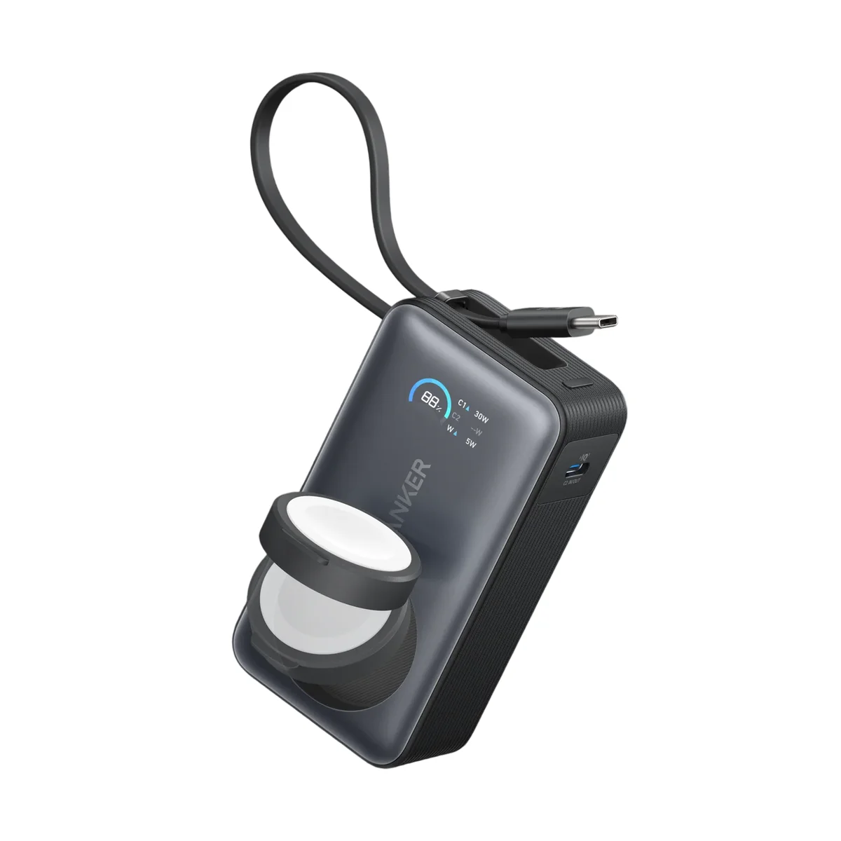Anker Nano Power Bank 10000mAh with Built-In USB-C Cable and Apple Watch Charging 30W Black