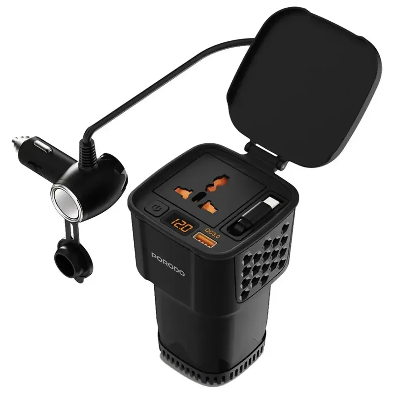Porodo DriveStation 200W Car Power Inverter with Real-Time Voltage Display Black