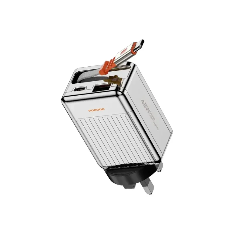 Porodo 75cm Retractable Type-C Super Quick GaN Charger Silver