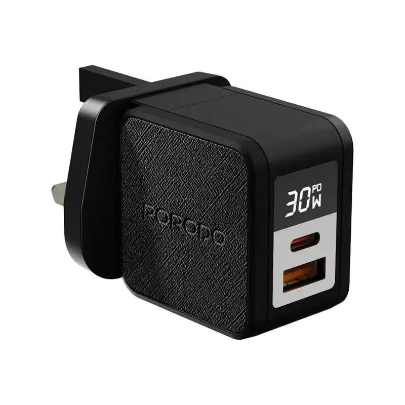 Porodo Quantum GaN 30W Multi-Port Charger with Digital Display Black