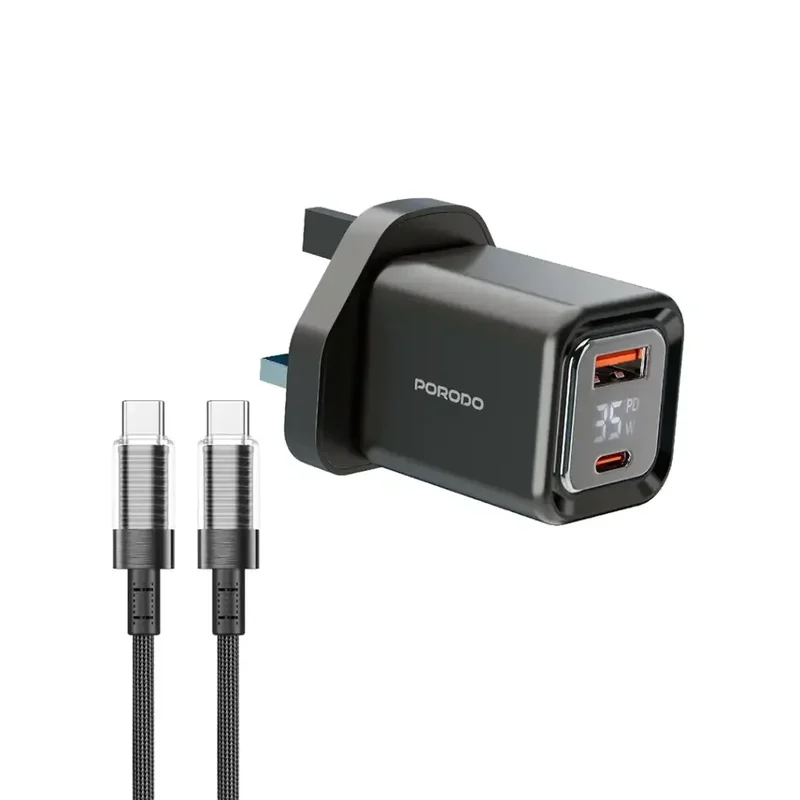Porodo Dual-Port | Digital Display Quick Charger with USB-C To USB-C Cable Black