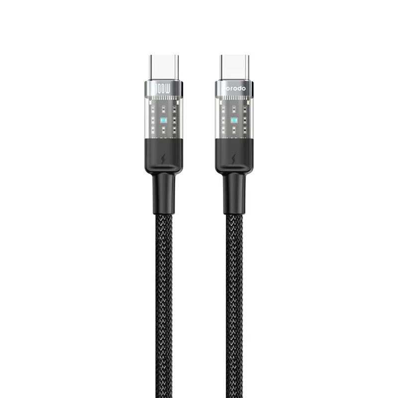 Porodo Braided Cable Transparent USB-C To USB-C Fast Charge & Data 1.2m/4ft Black