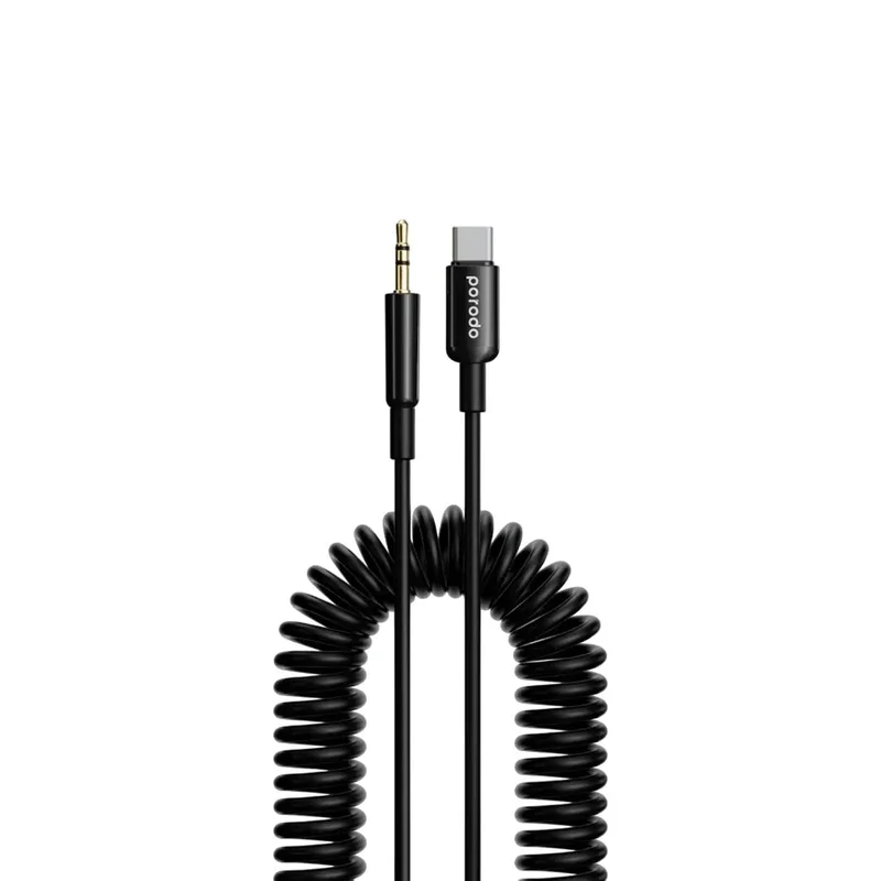 Porodo 3.5MM Type-C AUX Coiled Audio Cable Convenient Tangle-Free Design 1.2m/4ft Black