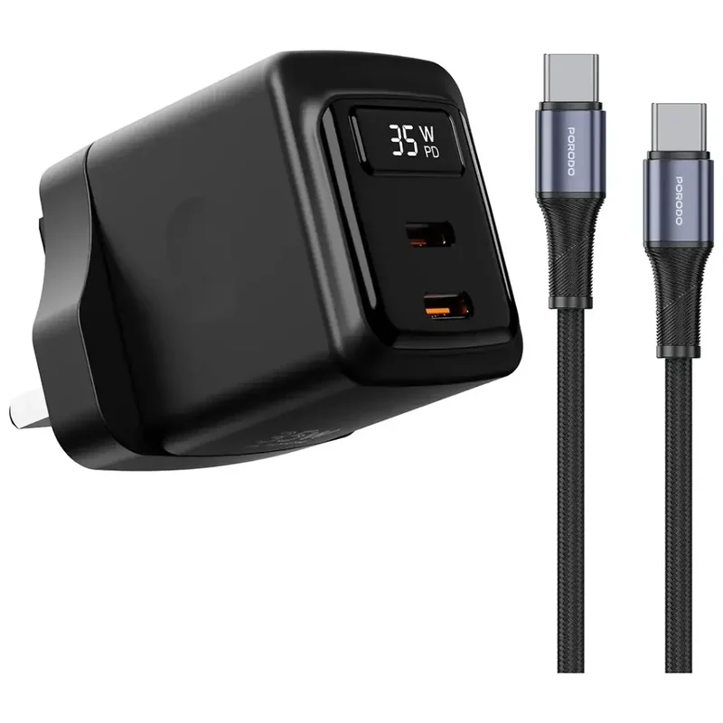 Porodo GaN 35W Dual Port Wall Charger with Type-C To Type-C Cable Black