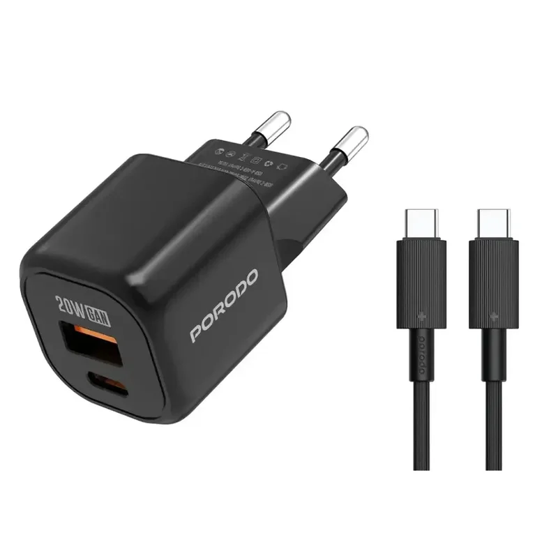 Porodo Dual Port Wall Charger with USB-C To USB-C Cable Black