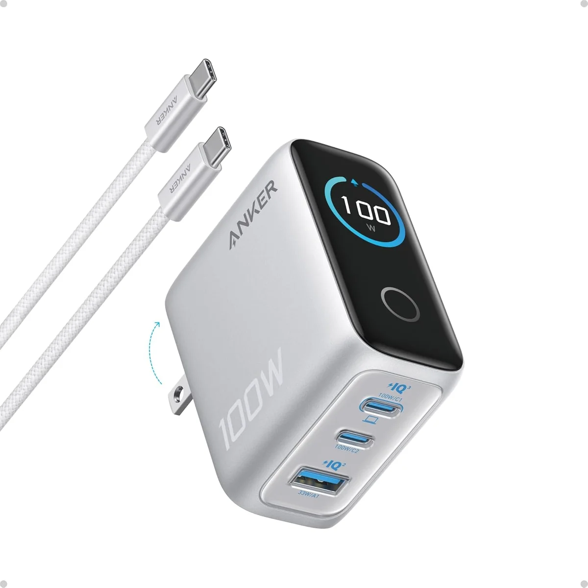 Anker Charger with USB-C to USB-C Cable 3 Ports 100W Smart Display Silver