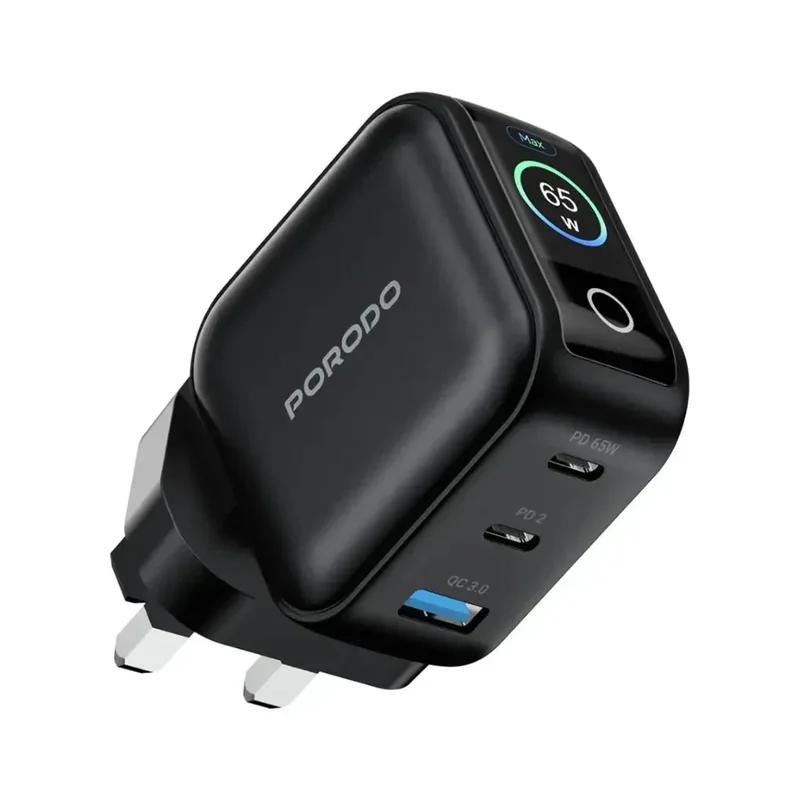 Porodo Nexora 65W 3-Port Wall Charger with LCD Display Black