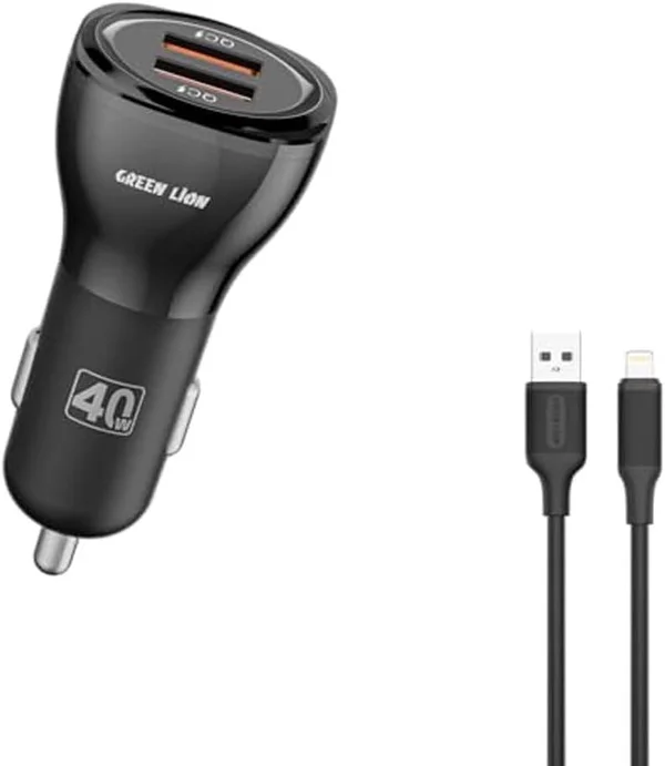 Green Lion Dual QC3.0 Car Charger 40W (QC 20W*2) With USB-A to Lightning Cable 1M