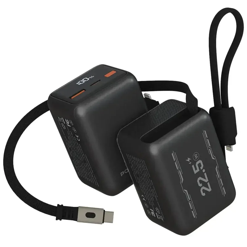 Porodo Voltra 10000mAh Power Bank with Retractable Type-C Cable Black