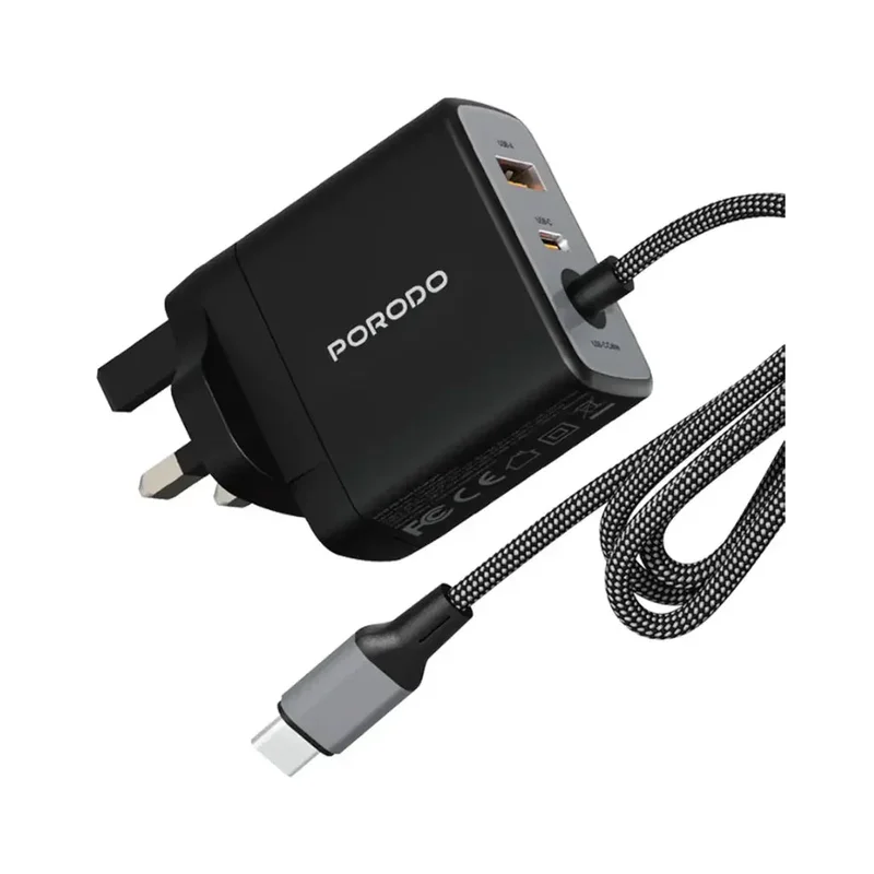 Porodo ZENTRIX 65W GaN Fast Charger with 1.5m Braided USB-C Cable Black