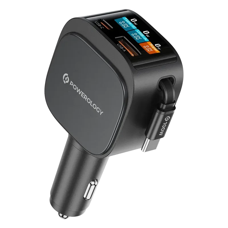 Powerology VoltMax 130W Pro Fast Car Charger with Retractable Cable