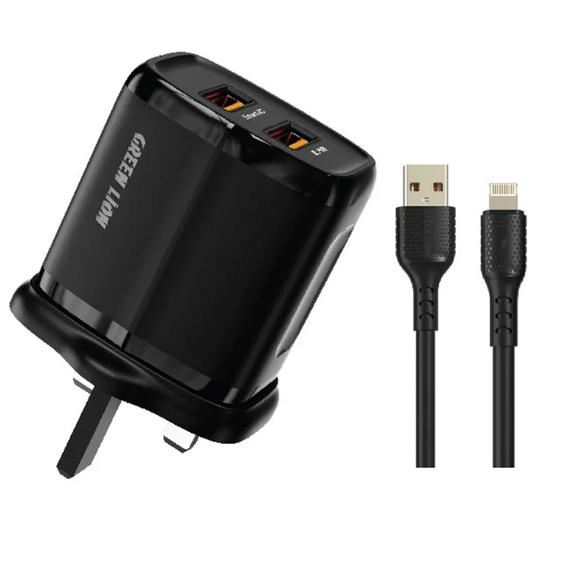 Green Lion Dual Port Wall Charger UK Plug 2 USB-A Port USB-A to Lightning 1m Cable