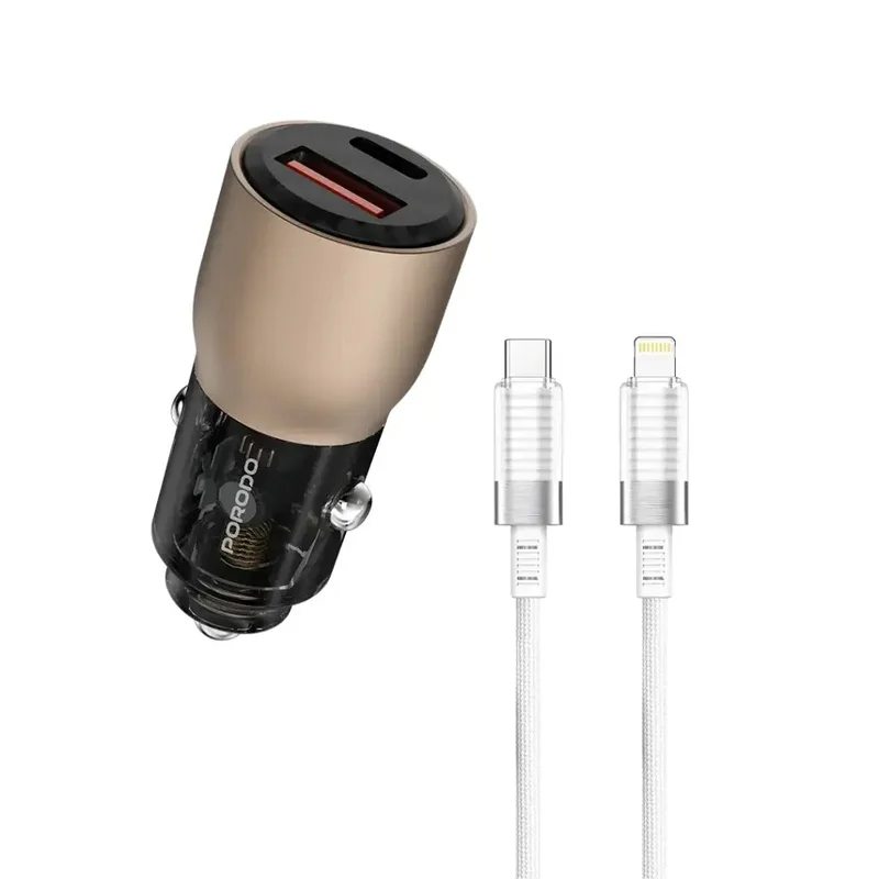 Porodo 95W Car Charger Transparent With 0.9M Lightning Cable Desert Titanium